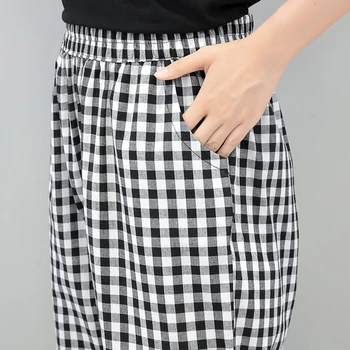 Primavara-Vara pentru Femei Pantaloni Englans Stil Carouri Alb Negru Check Pantaloni pentru Femei Pantaloni din Bumbac Elastic Talie Mare Dimensiune