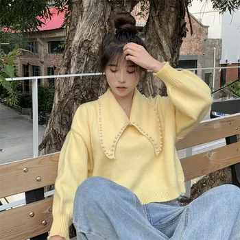 Noua Moda Papusa Dulce Gât Pulover Femei Coreea Culoare Pură Drăguț Kawaii Pulover Tricotaje De Sex Feminin Perla Puff Maneca Tricotate Doamna