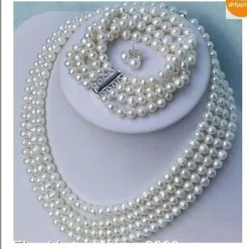 Femei frumoase bijuterii Elegant 4rows alb 6-7MM AAA+ south sea pearl colier bratara SETURI set 17-19