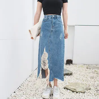 Primăvară-Vară Talie Inalta Fusta Din Denim Stil Coreean Femeile Rupt Gaura De Buzunar Blugi Fusta Streetwear Neregulate Faldas Mujer