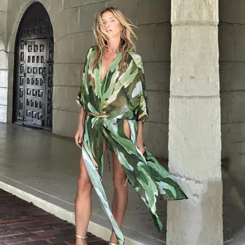 2023 Verde Boho Imprimare Șifon Tunică Lungă Kimono Plus Dimensiune Sexy Beach Purta Haine de Vara Pentru Femei, Topuri si Bluze Camasi A793