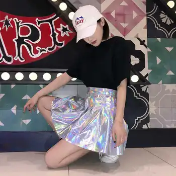 Wenfly Femei Coreea Cutat PU Casual, Inaltime Talie Mini, a-line Fusta Scurta Curcubeu Student Dulce Streetwear Harajuku
