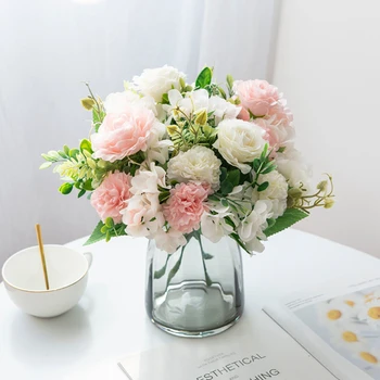 4 Buchete de Flori Artificiale Mireasa Nunta Anul Nou, Decoratiuni de Craciun pentru Casa Grădină Cameră de Artizanat Mătase Hortensie, Trandafiri