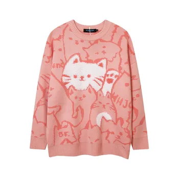 Moda Streetwear pierde o-gât bf vânt pulover de desene animate pisica jacquard pulover barbati