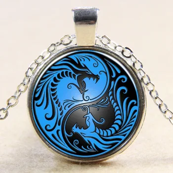 Moda nouă epocă în stil European blue dragon phoenix yin yang Tai chi manual de arta foto cabochon de sticlă colier pentru femei