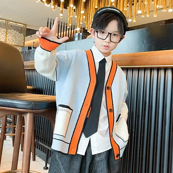 2021 Copii V-neck Tricotaje pentru Îmbrăcăminte exterioară Primavara Toamna Moda Culoare de Contrast Cardigan Copii Baieti-coreean Pieptul Singur Pulover