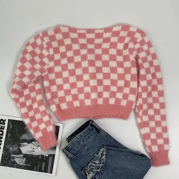 Moda 2021 Femei Cardigan Tricot Topuri De Cultură Fuzzy Maneca Lunga V Gât Tablă De Șah De Imprimare Buton Jos Tricouri