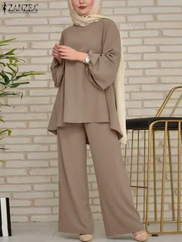 Vintage Haine Islamice Trening ZANZEA 2 BUC Femei Bluza cu Maneci Lungi Pantaloni Costume Musulman Pantaloni Seturi Solide în Vrac Outifits