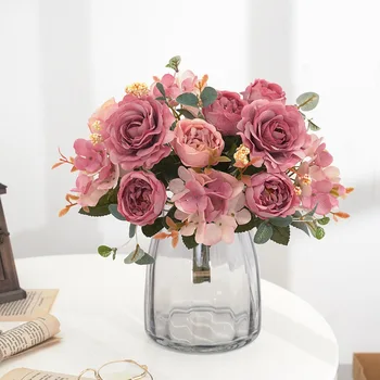1 Buchet de Trandafir Flori Artificiale pentru Casa Frumoasa Floare Hortensie Decor Nunta Toamna Bujor Flori False flores Grădină