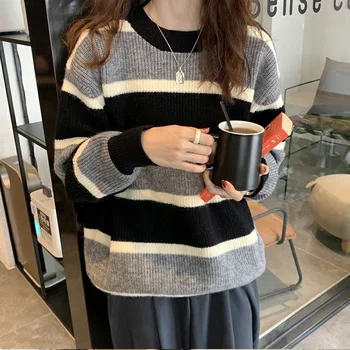 Cald Iarna Femei Pulover Pulover Din Tricot Cu Dungi Retro Moda Pulover Lung Slim Rotund Gat Pulover 2020 Moda Coreeană