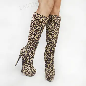 SEIIHEM SUPER Femei Genunchi Ridicat Cizme cu Platforma Leopard cu Fermoar la Tocuri inalte Cizme de piele de Căprioară Faux Pantofi Femeie de Mari Dimensiuni 43 44 46 47 52