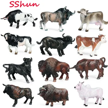 4 în 1 Vaca Mini Set de Simulare de animale salbatice model solid vacă, taur bison set de cadouri pentru copii jucărie suculente tort de decorare