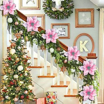 50 Pack Sclipici Poinsettia Ornamente pentru Pomul de Craciun 5Inch Mătase Artificială Flori Ponturi Decor Coronita Ghirlanda (Roz)