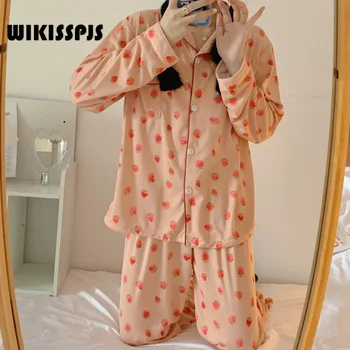 WIKISSPJS Primăvară Căpșuni Iarna cu Maneca Lunga, Pijamale Femei coreene Cardigan Minunat Haine de Acasă de Două bucata Costum de haine de casă