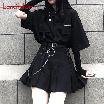 Vara Moda coreeană Fusta Neagra Y2k ' 90 Grunge Gotic Harajuku Mall Goth Cutat Zburli Lanț Eșarfe Întuneric mediul Academic Fuste Mini