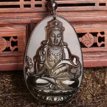 Naturale Obsidian Guanyin Pandantiv Farmecul Colier Barbati Femei Negru Autentic Jades Piatra Guan Yin Statuie A Lui Buddha Norocos Amuleta Cadouri