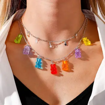 Vara Noua Moda 7 Culori Jelly Candy Urs Colier Picătură de Bijuterii Strat Y2K Cadou Stele Duble W9G5