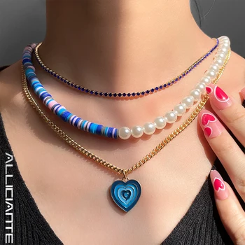3 Buc Boho Albastru Stratificat Inima Perle Margele Coliere Asimetrie Șirag De Mărgele De Lut Email Coliere Cristal Cravată Dulce Bijuterii Cadou Nou