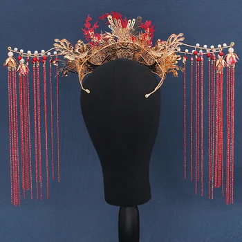 JaneVini 2020 Lux Stil Chinezesc Coroana De Păr Margele Vechi Roșie Florale De Mireasa Agrafe Ciucuri Lungi De Nunta Bijuterii Accesorii