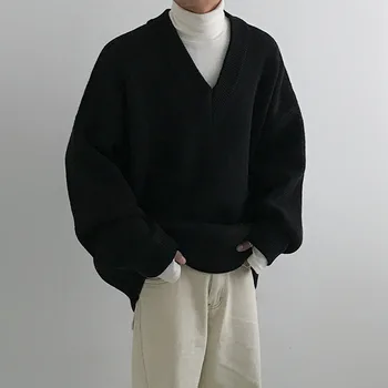 HOUZHOU Stil coreean Barbati Tricotate Pulover V-neck Negru Pulovere Pulover Masculin Topuri Largi de Epocă Streetwear Haine barbatesti