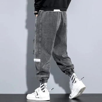 Hip Hop Print Denim Pantaloni Streetwear Casual Harajuku Blugi Talie Elastic Homme Pantaloni Largi Om Liber Joggeri Bărbați Pantaloni Negru