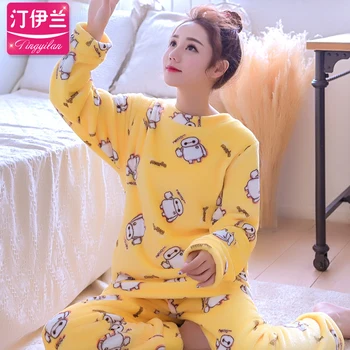 Noua Toamna Pijamale Flanel Îngroșarea Femei Seturi De Pijamale Dulce Fată Feminin Flori De Imprimare De Îmbrăcăminte De Interior Acasă Costum B-5995