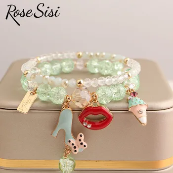 Rose sisi Japoneză și coreeană stil fată pandantiv bijuterii brățară de cristal pentru femei margele bratari elastice set fridendship