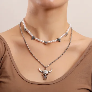 Craniu Pandantiv Colier pentru Femei Imitație de Perle, Coliere Margele de sex Feminin Culoare Argintie Stratificat Colier 2022 Moda Bijuterii Nou