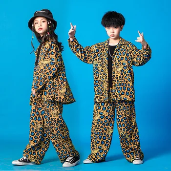 Copil Kpop Hip Hop Haine Leopard Print Supradimensionat Tricou Streetwear Largi Picior Pantaloni Largi pentru Fată Băiat de Jazz Dans Costum de Haine