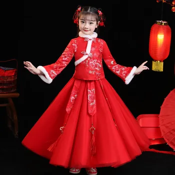 Toamna Și Iarna Fete Hanfu Super Nemuritor Stil Chinezesc Mâneci Lungi Rochie Petrecere Rochie de Mireasa Flori de Uzura pentru Copii