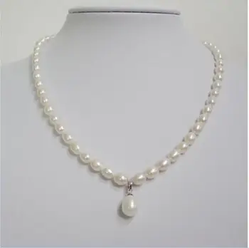 Femei Bijuterii Cadou 6-7mm alb colier de perle ovale pandantiv rotund real naturale de apă dulce pearl 18