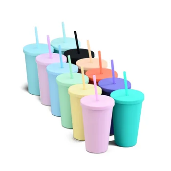 Cel mai bun de Vânzare 16oz Sticla de Apa, Reutilizabile Macaron Pai de Plastic Cup, Dublu Perete Exterior Portabil Cafea Și Suc de Cupa