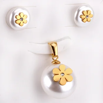 ASONSTEEL Imitație Pearl de Culoare de Aur Nunta Nupțial Bijuterii Set pentru Femei din Oțel Inoxidabil Colier Pandantiv Mic Stud Cercel