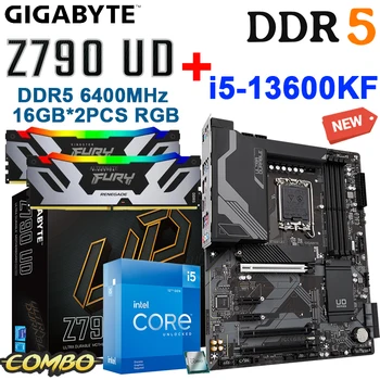Gigabyte Z790 UD DDR5 Placa de baza + procesor Intel Core 13 i5 13600KF CPU + D5 6400MHz 16GB *2 BUC RGB RAM Set Combo ATX Placa de baza Noua