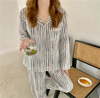 Roz Cu Dungi De Imprimare Toamna Set De Pijama Pentru Femei Din Bumbac Vintage Liber Casual Pijamale Homewear Două Piese De Haine De Acasă Harajuku