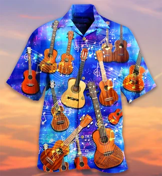 Noile Tricouri Hawaiian Blue Top Chitare Print pentru Barbati Cool Creative 3D de Imprimare Tricou Plaja Maneca Scurta Top Supradimensionat Vintage