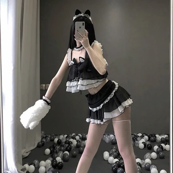 Japoneze Lolita Pisica Drăguț Fata Sexy Uniformă De Menajeră Transparent Lenjerie Scoala Femei Diavolul Costume Cosplay Anime Set De Lenjerie De Corp